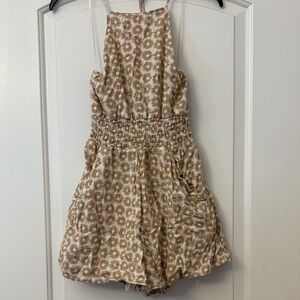 American Eagle Boho Print Smocked Waist Romper in Beige and White